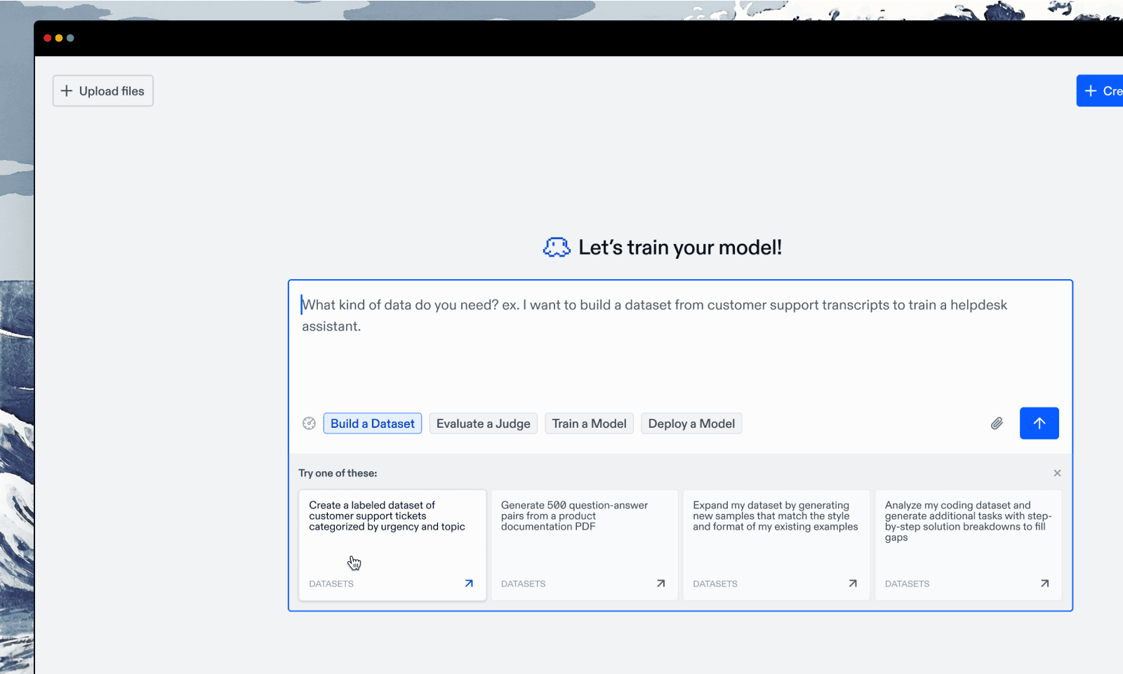 Synthesize: Turn failure modes into training data - The biggest barrier to custom models isn't training — it's data. Oumi eliminates it. Describe your task, and the platform generates targeted training examples focused on your model's exact failure modes. You review and approve. No annotation team, no weeks of labeling, no data engineering backlog.