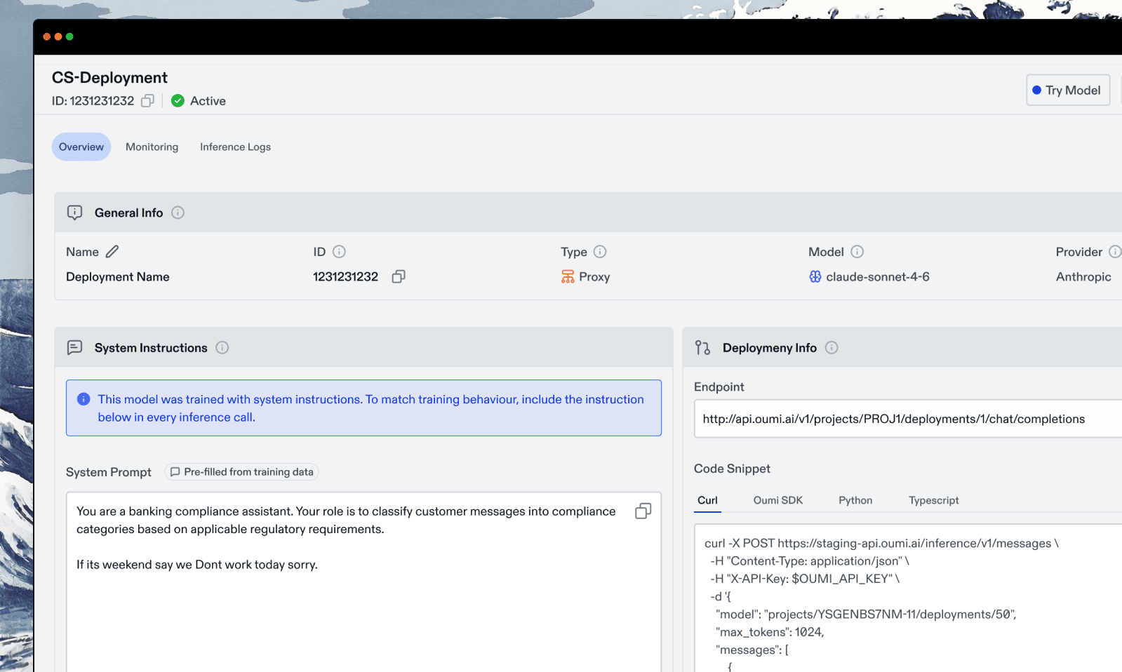 Deploy: Ship it, own it, keep improving, not migrating - Every frontier model will eventually be deprecated. When that happens to your competitors, they'll scramble and pay more. You won't — because you own the weights. Deploy to your infrastructure in one click. Monitor for drift. Feed production signals back into the next training run. Your model improves while theirs gets replaced.